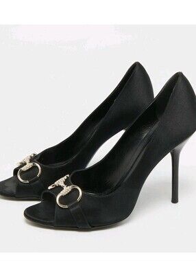 AUTHENTIC Gucci Hollywood Black Satin Horsebit Peep Toe Pumps SZ 9 $995 ITALY